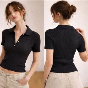 Zara Black Ribbed Polo Top Short Sleeve Button Front Size M